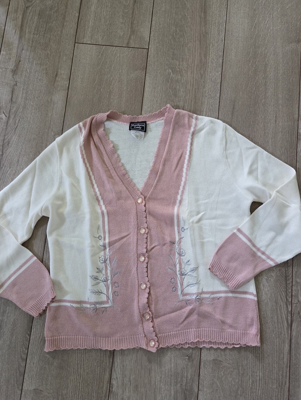 90s Vintage Southern Lady Pink and White Button-Front Cardigan with Embroidery M